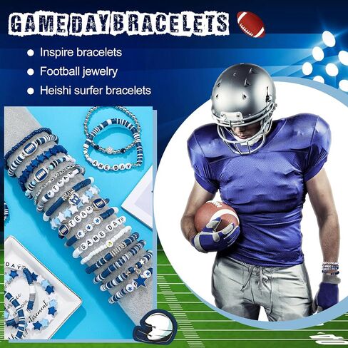 48 Pcs Game Day Football Charm Bracelets Football Mom Game Day Accessories Cheer Mom Blue Team Gifts Heishi Beaded Stack Bracelet Friendship Stackable Stretch Jewelry Outfit for Fans Women Men in Saudi Arabia