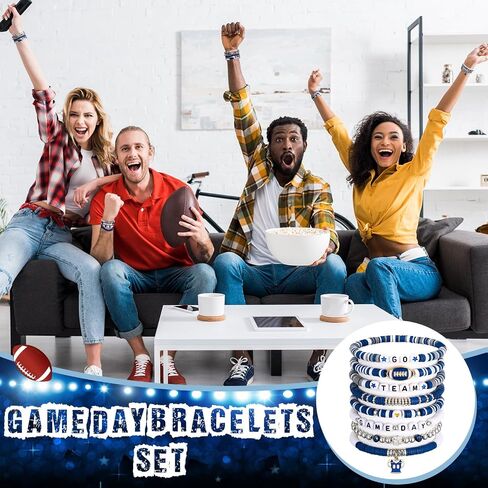 48 Pcs Game Day Football Charm Bracelets Football Mom Game Day Accessories Cheer Mom Blue Team Gifts Heishi Beaded Stack Bracelet Friendship Stackable Stretch Jewelry Outfit for Fans Women Men in Saudi Arabia