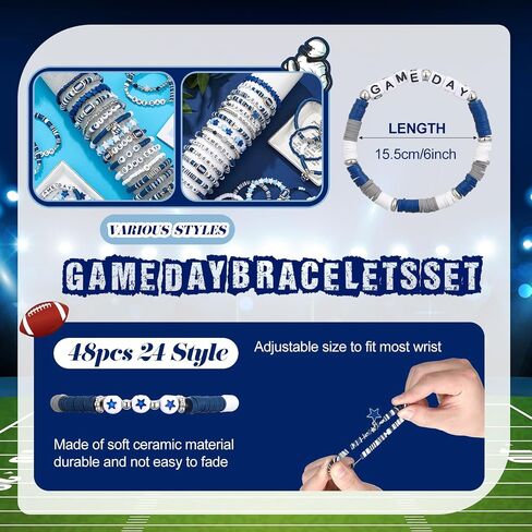 48 Pcs Game Day Football Charm Bracelets Football Mom Game Day Accessories Cheer Mom Blue Team Gifts Heishi Beaded Stack Bracelet Friendship Stackable Stretch Jewelry Outfit for Fans Women Men in Saudi Arabia
