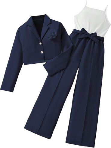 OYOANGLE Girl's 2 Piece Outfit Sleeveless Belted Pants Romper and 3D Floral Crop Suit Jacket in Saudi Arabia