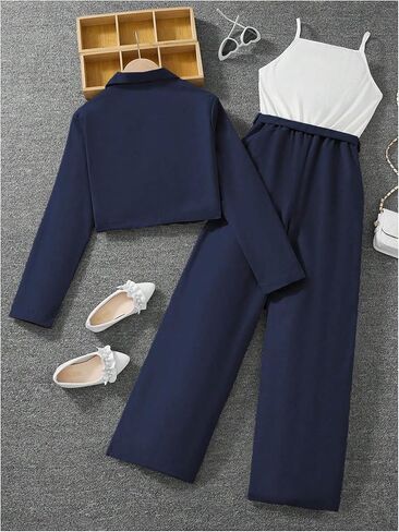 OYOANGLE Girl's 2 Piece Outfit Sleeveless Belted Pants Romper and 3D Floral Crop Suit Jacket in Saudi Arabia