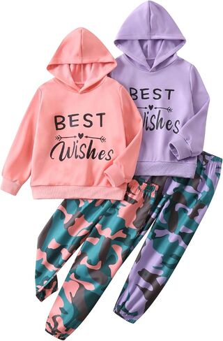 مجموعة Activewear للفتيات 4 قطعة مطبوعة للبلوزات ذات المقنعين المطبوع والركض على سروال رياضي （3-14y） in Kuwait
