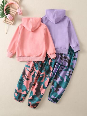 مجموعة Activewear للفتيات 4 قطعة مطبوعة للبلوزات ذات المقنعين المطبوع والركض على سروال رياضي （3-14y） in Kuwait