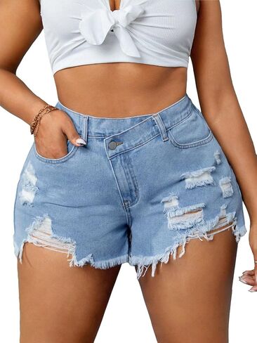 WDIRARA Women's Plus Size Ripped Frayed Hem Denim Shorts Wrap High Waisted Jean Shorts in Saudi Arabia