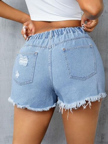 WDIRARA Women's Plus Size Ripped Frayed Hem Denim Shorts Wrap High Waisted Jean Shorts in Saudi Arabia