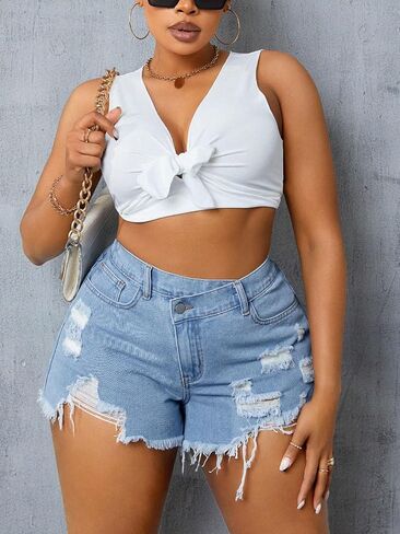 WDIRARA Women's Plus Size Ripped Frayed Hem Denim Shorts Wrap High Waisted Jean Shorts in Saudi Arabia