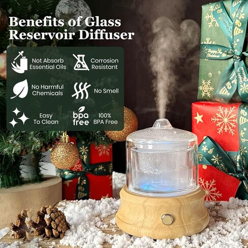 80ML Glass Essential Oil Diffuser with Glass Reservoir & Wood Base, Small Ultrasonic Aroma Diffusers with Auto-Off 7 Color for Home Office Bedroom Yoga in Saudi Arabia