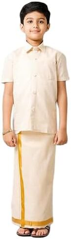 Boys Traditional Half Sleeve Shirt and Sticker Dhoti Set, Tissue Cotton, Gold & Copper Jari Border in Kuwait