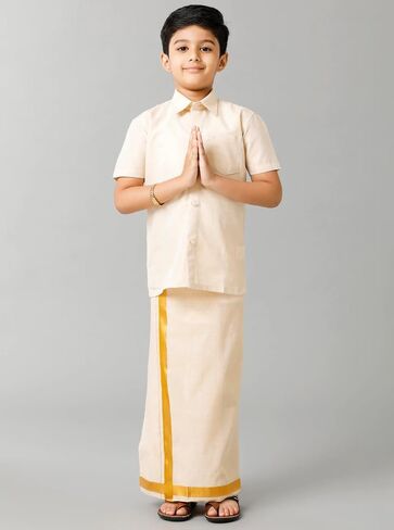 Boys Traditional Half Sleeve Shirt and Sticker Dhoti Set, Tissue Cotton, Gold & Copper Jari Border in Kuwait