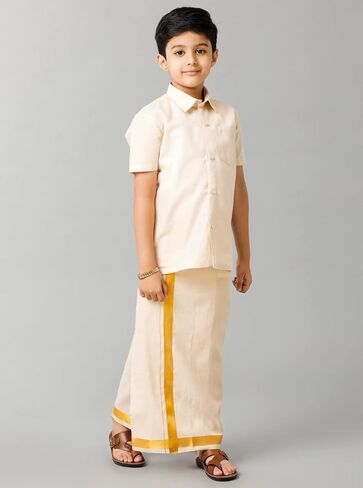 Boys Traditional Half Sleeve Shirt and Sticker Dhoti Set, Tissue Cotton, Gold & Copper Jari Border in Kuwait