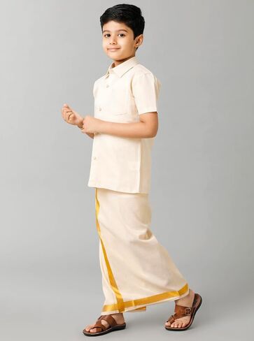 Boys Traditional Half Sleeve Shirt and Sticker Dhoti Set, Tissue Cotton, Gold & Copper Jari Border in Kuwait