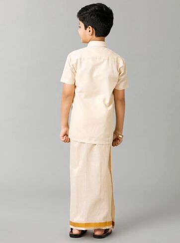 Boys Traditional Half Sleeve Shirt and Sticker Dhoti Set, Tissue Cotton, Gold & Copper Jari Border in Kuwait