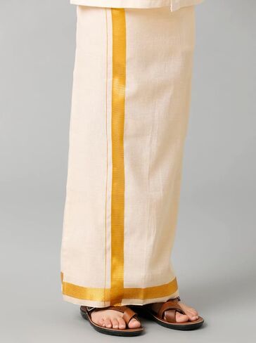Boys Traditional Half Sleeve Shirt and Sticker Dhoti Set, Tissue Cotton, Gold & Copper Jari Border in Kuwait