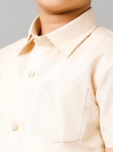Boys Traditional Half Sleeve Shirt and Sticker Dhoti Set, Tissue Cotton, Gold & Copper Jari Border in Kuwait