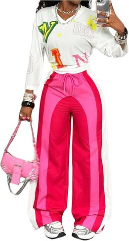 Women's Color Block Baggy Sweatpants Wide Leg Drawstring Waist Track Pants Long Trousers in Saudi Arabia