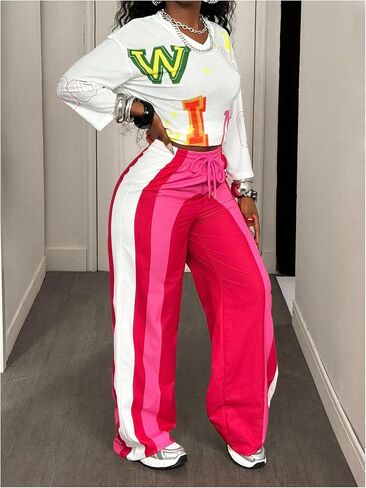 Women's Color Block Baggy Sweatpants Wide Leg Drawstring Waist Track Pants Long Trousers in Saudi Arabia