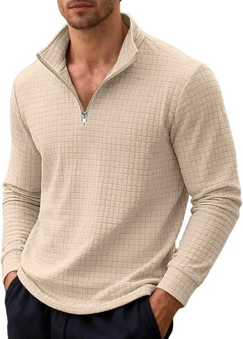 Mens Quarter Zip Pullover Quilted Sweatshirt Long Sleeve Waffle Sweater Half Zip Polo Sweatshirts in Saudi Arabia