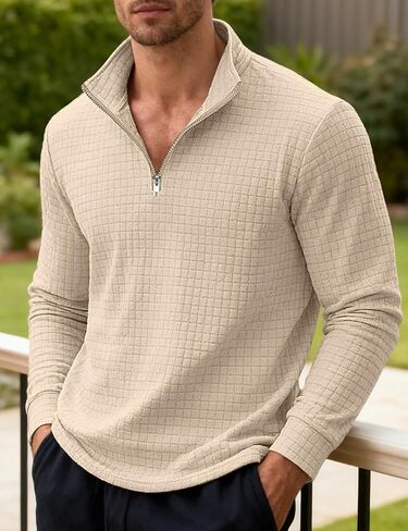 Mens Quarter Zip Pullover Quilted Sweatshirt Long Sleeve Waffle Sweater Half Zip Polo Sweatshirts in Saudi Arabia
