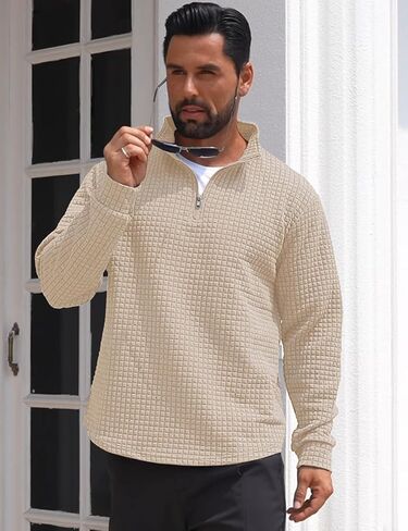 Mens Quarter Zip Pullover Quilted Sweatshirt Long Sleeve Waffle Sweater Half Zip Polo Sweatshirts in Saudi Arabia