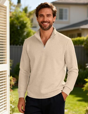 Mens Quarter Zip Pullover Quilted Sweatshirt Long Sleeve Waffle Sweater Half Zip Polo Sweatshirts in Saudi Arabia