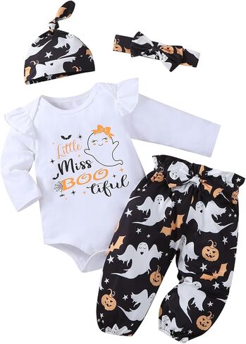 Qitudatey My Frist Halloween Baby Girl Outfit ، Newborn Infant Pumpkin Shuffle Romper Long Sleeve ، Pants Thebbelding Tets Complements in Kuwait