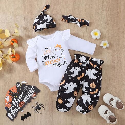 Qitudatey My Frist Halloween Baby Girl Outfit ، Newborn Infant Pumpkin Shuffle Romper Long Sleeve ، Pants Thebbelding Tets Complements in Kuwait