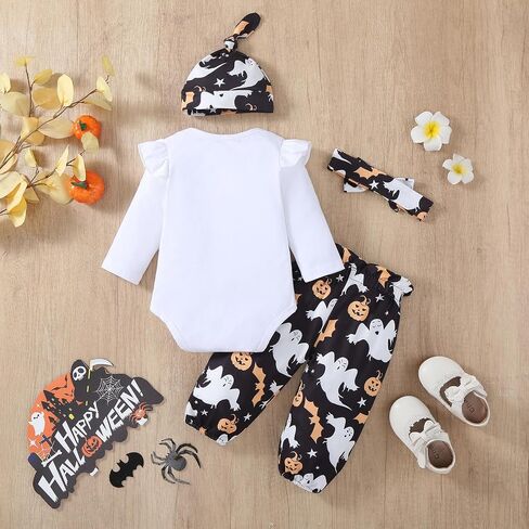 Qitudatey My Frist Halloween Baby Girl Outfit ، Newborn Infant Pumpkin Shuffle Romper Long Sleeve ، Pants Thebbelding Tets Complements in Kuwait
