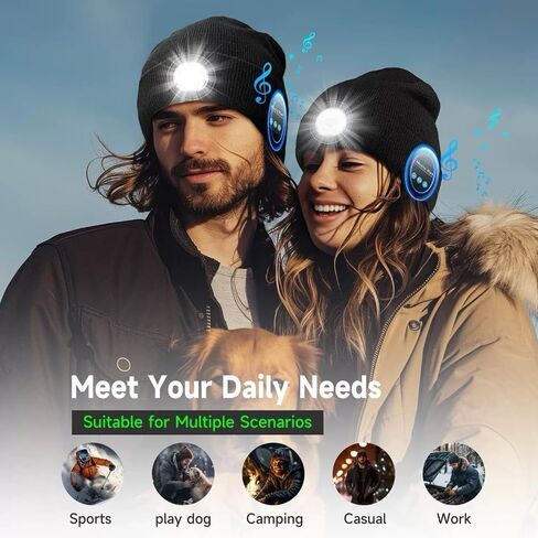 Bluetooth Beanie with Light | Unisex Gift for Men, Women,Wireless Headphones & Headlamp for Fishing Jogging Working in Saudi Arabia