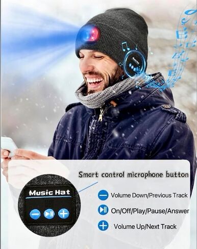 Bluetooth Beanie with Light | Unisex Gift for Men, Women,Wireless Headphones & Headlamp for Fishing Jogging Working in Saudi Arabia