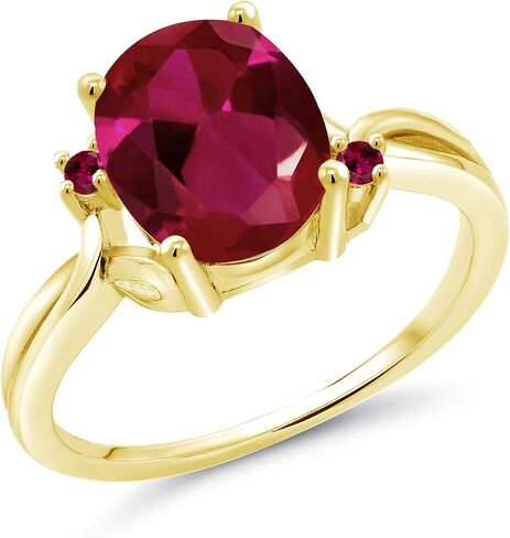 Gem Stone King 18K Yellow Gold Plated Silver Red Created Ruby 3 Stone Ring For Women (2.53 Cttw, Oval 10X8MM, Gemstone July Birthstone, Available In Size 5, 6, 7, 8, 9) in Saudi Arabia