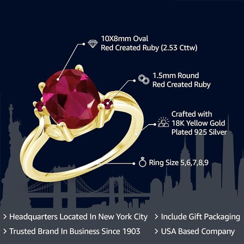 Gem Stone King 18K Yellow Gold Plated Silver Red Created Ruby 3 Stone Ring For Women (2.53 Cttw, Oval 10X8MM, Gemstone July Birthstone, Available In Size 5, 6, 7, 8, 9) in Saudi Arabia