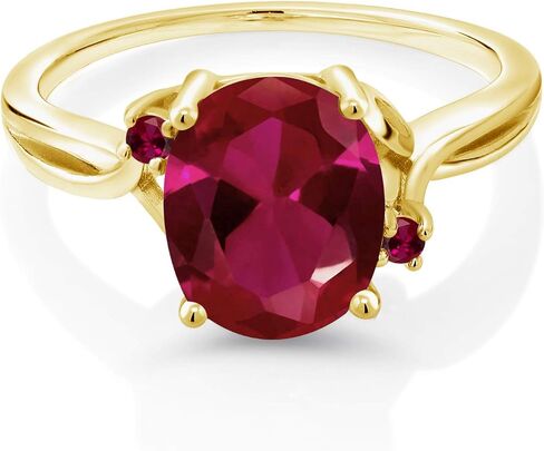 Gem Stone King 18K Yellow Gold Plated Silver Red Created Ruby 3 Stone Ring For Women (2.53 Cttw, Oval 10X8MM, Gemstone July Birthstone, Available In Size 5, 6, 7, 8, 9) in Saudi Arabia