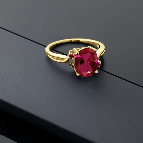 Gem Stone King 18K Yellow Gold Plated Silver Red Created Ruby 3 Stone Ring For Women (2.53 Cttw, Oval 10X8MM, Gemstone July Birthstone, Available In Size 5, 6, 7, 8, 9) in Saudi Arabia