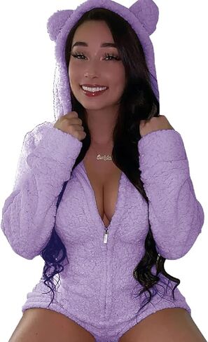 Women's Warm Fuzzy Hooded Romper Short Playsuit Jumpsuit in Kuwait