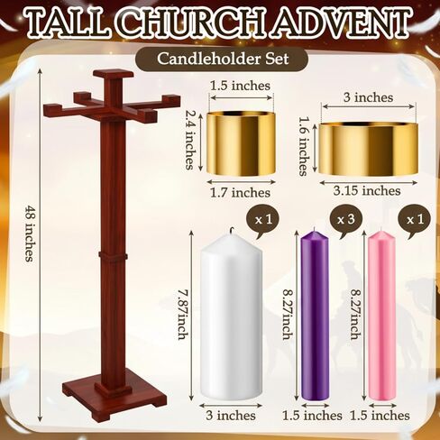 Mumufy 48 Inch Tall Advent Church Stand Candleholder Set of 5 Purple Pink White Candles Wood Nativity Candle Stand with Metal Arch Christmas Candlestick Holders for Christmas Church Holy Family in Saudi Arabia