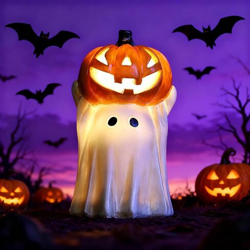 Halloween Ghost Decoration with Light-Up Jack-o'-Lantern Head,Cute Little White Ghost Holding Mini Pumpkin with Colorful LED Lights, Festive Tabletop Decor for Halloween Party, Home & Indoor Display in Saudi Arabia