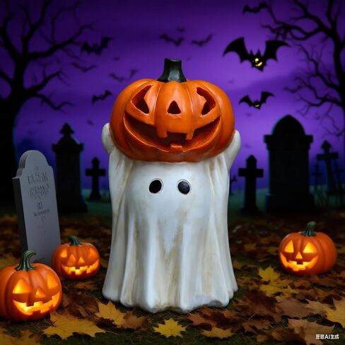 Halloween Ghost Decoration with Light-Up Jack-o'-Lantern Head,Cute Little White Ghost Holding Mini Pumpkin with Colorful LED Lights, Festive Tabletop Decor for Halloween Party, Home & Indoor Display in Saudi Arabia