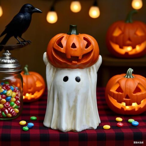 Halloween Ghost Decoration with Light-Up Jack-o'-Lantern Head,Cute Little White Ghost Holding Mini Pumpkin with Colorful LED Lights, Festive Tabletop Decor for Halloween Party, Home & Indoor Display in Saudi Arabia