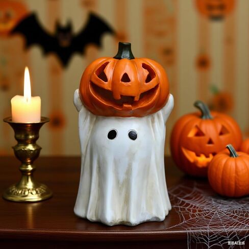 Halloween Ghost Decoration with Light-Up Jack-o'-Lantern Head,Cute Little White Ghost Holding Mini Pumpkin with Colorful LED Lights, Festive Tabletop Decor for Halloween Party, Home & Indoor Display in Saudi Arabia