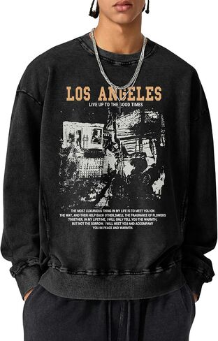 Mens Oversized Crewneck Sweatshirt Vintage Los Angeles Graphic Washed Sweatshirts with Pockets Streetwear Pullover in Saudi Arabia