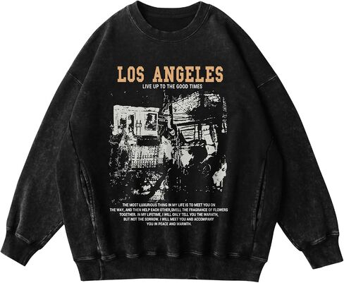 Mens Oversized Crewneck Sweatshirt Vintage Los Angeles Graphic Washed Sweatshirts with Pockets Streetwear Pullover in Saudi Arabia