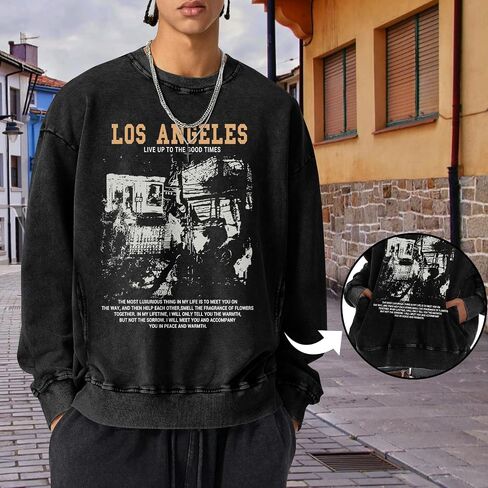 Mens Oversized Crewneck Sweatshirt Vintage Los Angeles Graphic Washed Sweatshirts with Pockets Streetwear Pullover in Saudi Arabia