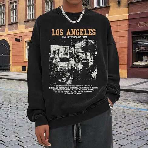 Mens Oversized Crewneck Sweatshirt Vintage Los Angeles Graphic Washed Sweatshirts with Pockets Streetwear Pullover in Saudi Arabia