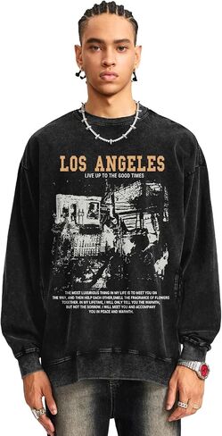 Mens Oversized Crewneck Sweatshirt Vintage Los Angeles Graphic Washed Sweatshirts with Pockets Streetwear Pullover in Saudi Arabia