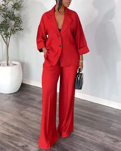 Casual Blazer Pants Suits for Women Dressy Oversized Long Sleeve Blazer and Wide Leg Pants 2 Piece Outfits in Saudi Arabia