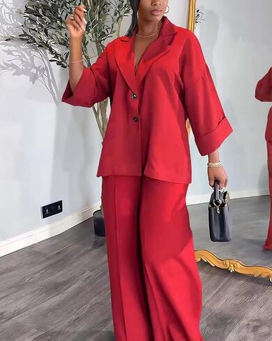 Casual Blazer Pants Suits for Women Dressy Oversized Long Sleeve Blazer and Wide Leg Pants 2 Piece Outfits in Saudi Arabia