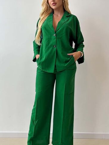 Casual Blazer Pants Suits for Women Dressy Oversized Long Sleeve Blazer and Wide Leg Pants 2 Piece Outfits in Saudi Arabia