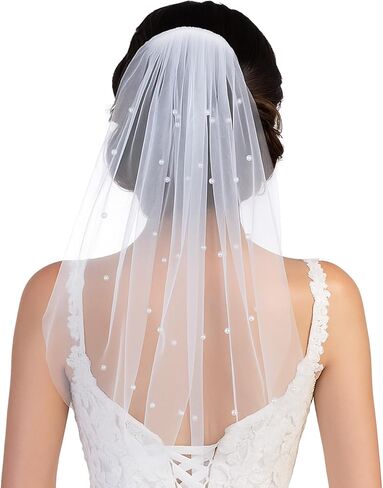 Bachelorette Veil, Short Pearl Veil with Comb 1 Tier White Veils for Bachelorette Party, Suitable for Women and Brides in Kuwait