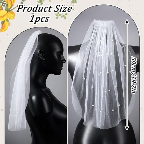 Bachelorette Veil, Short Pearl Veil with Comb 1 Tier White Veils for Bachelorette Party, Suitable for Women and Brides in Kuwait