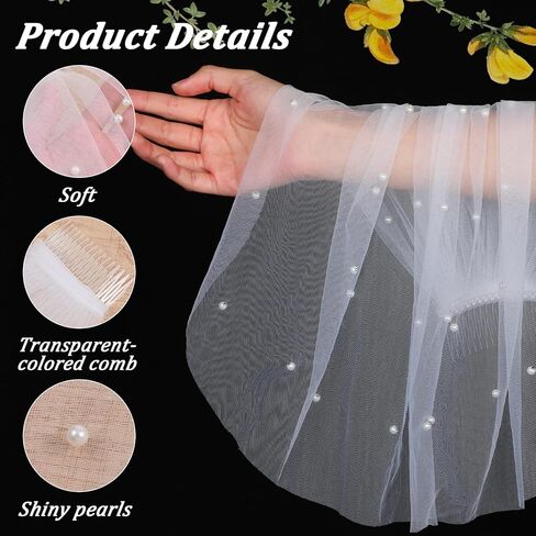 Bachelorette Veil, Short Pearl Veil with Comb 1 Tier White Veils for Bachelorette Party, Suitable for Women and Brides in Kuwait